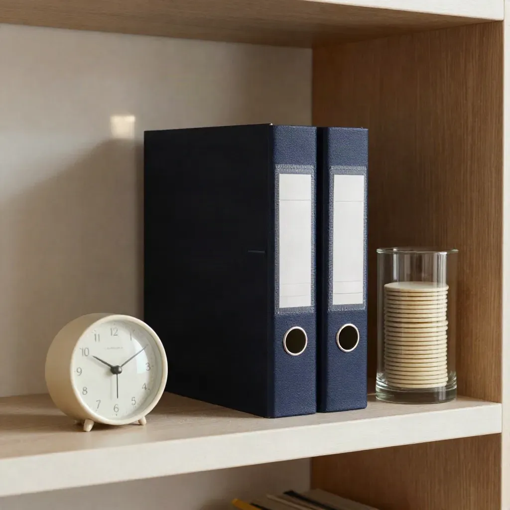 Navy binders, ceramic clock, and ivory discs on a pale plaster shelf in soft daylight.