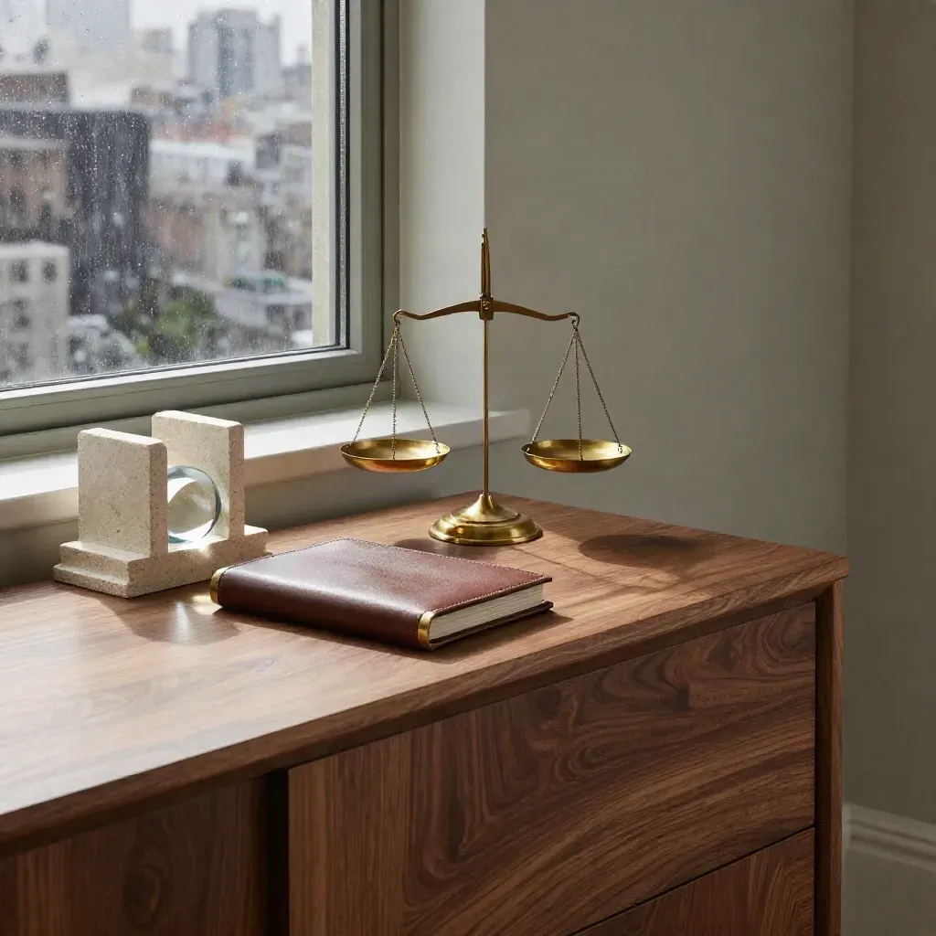 Walnut credenza with finance objects beside a rain-lit window in a moody, upscale interior.