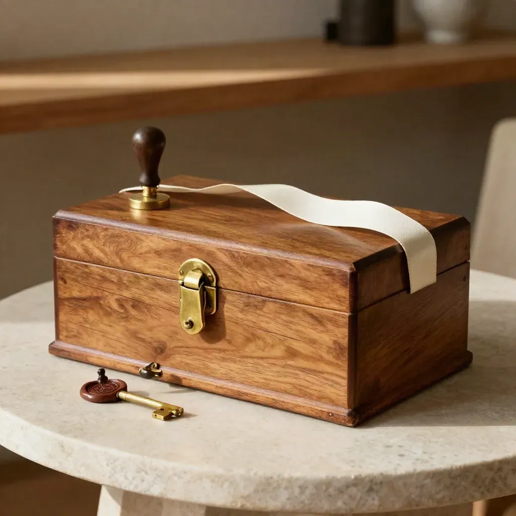 Oak estate-planning box, brass key, wax seal stamp and ribbon on pale stone in soft daylight.