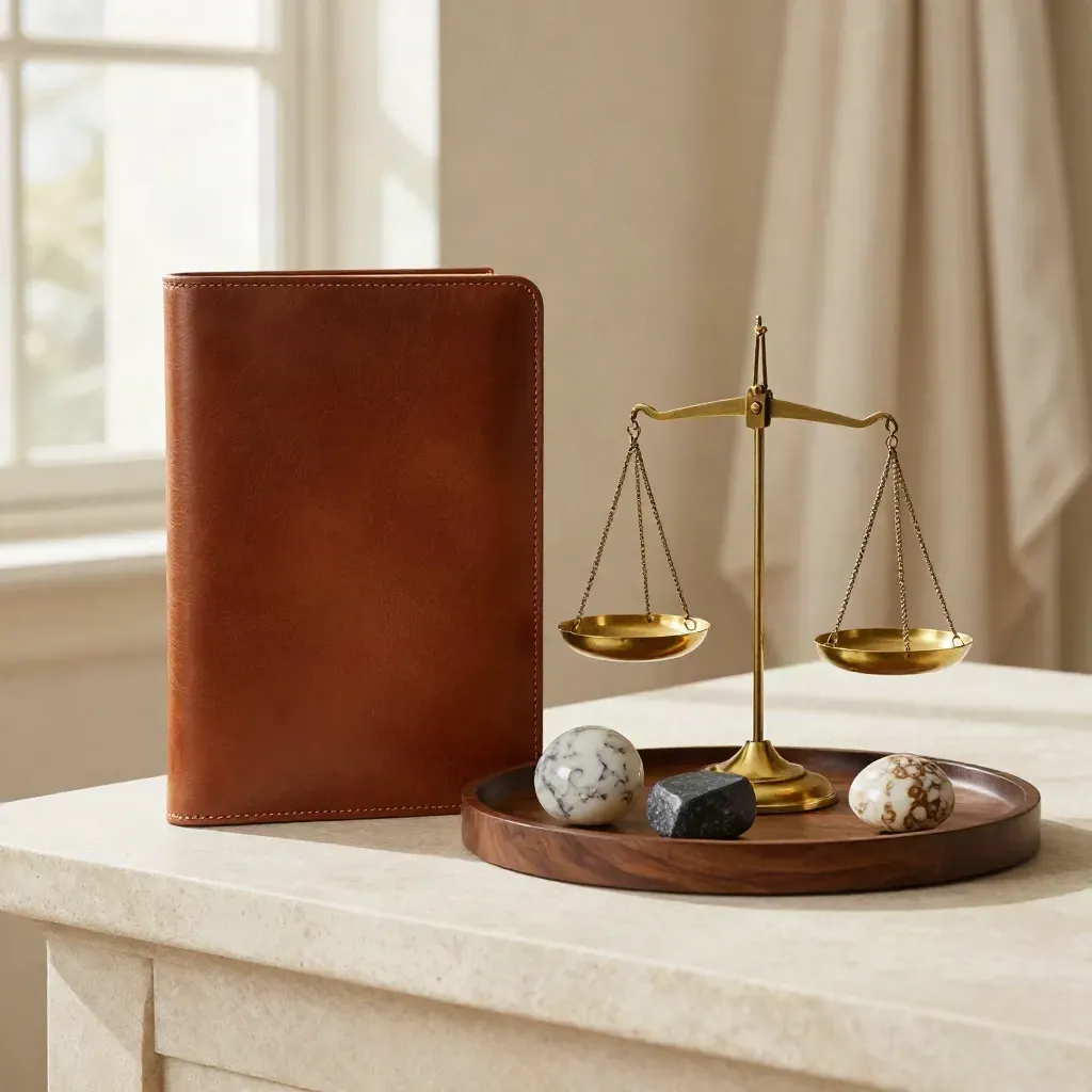 Leather folio, brass scale, stone forms and walnut tray on a pale stone console.