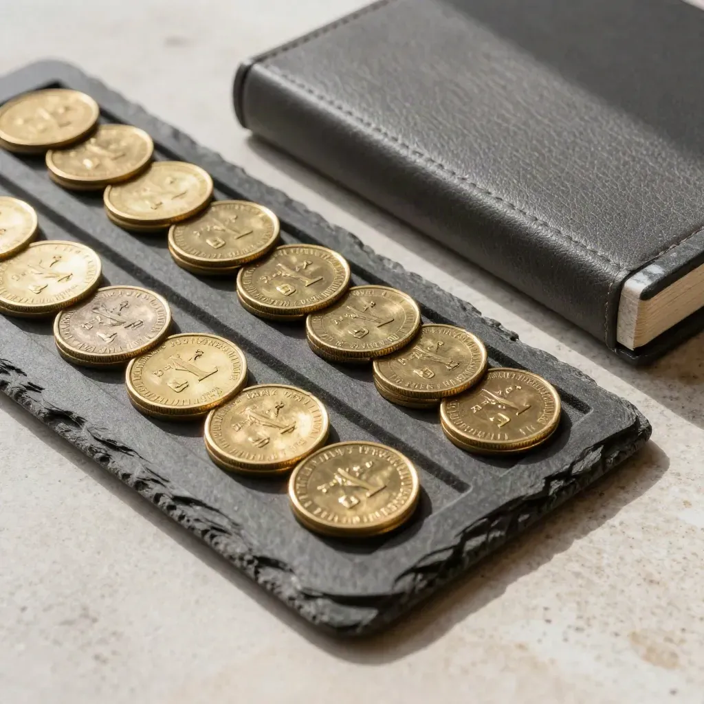 Brass tax-lot tokens aligned in a slate tray beside a closed ledger box.