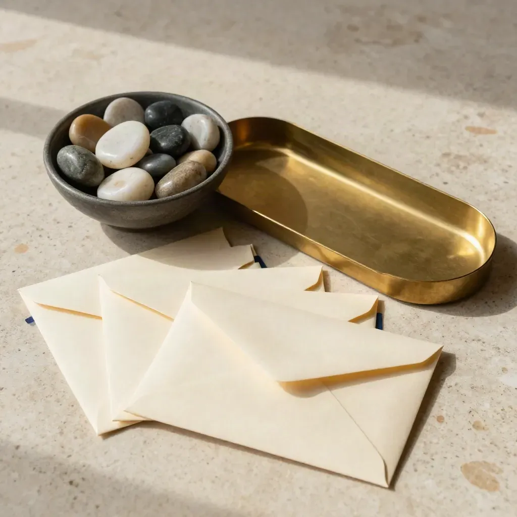 Overhead still life of sealed envelopes, stones, and a brass divider on travertine.