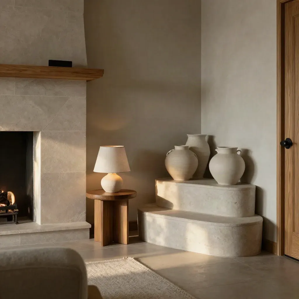 Warm study corner with ceramic volumes, a lamp, and fireplace glow in late-afternoon light.