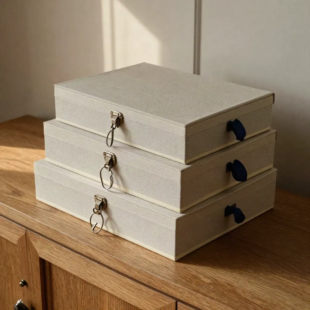 Top-down archival boxes on an oak sideboard with a silver key ring and navy ribbon ties.