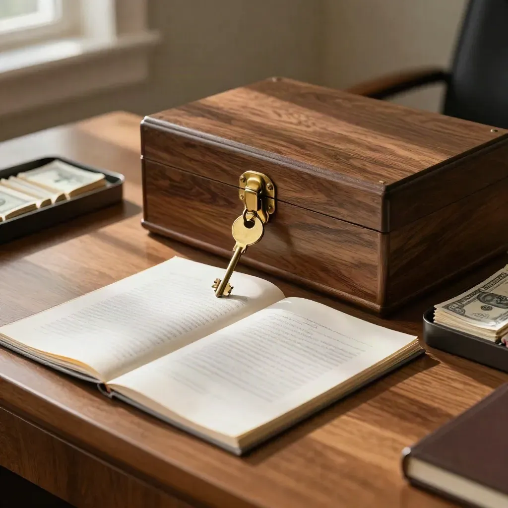 Walnut lockbox, brass key, sealed folios and cash tray on a private office credenza in soft daylight.