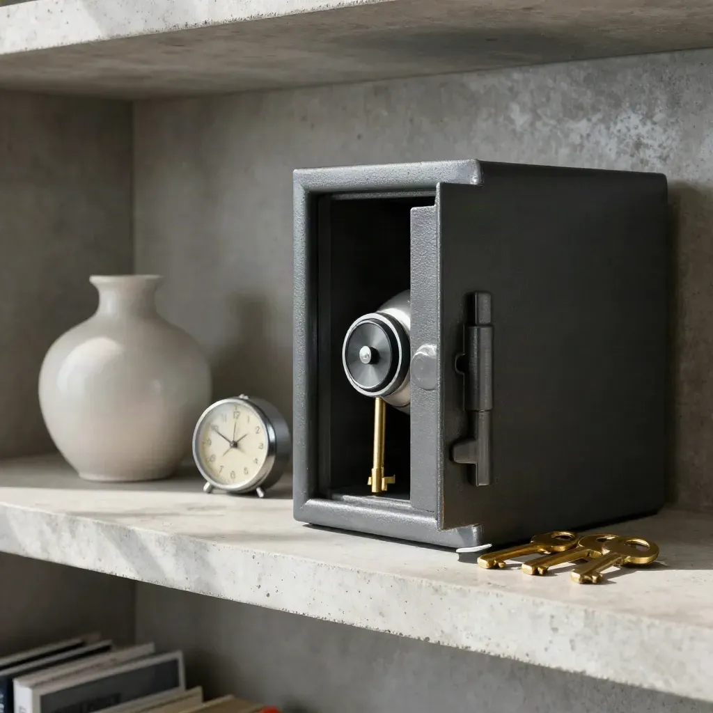 Dark safe edge with key, timepiece and ceramic vessel on concrete shelf, lit by a gold raking beam.