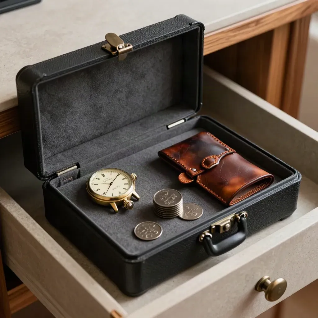Black case, brass watch, dark metal tokens and leather sleeve in a secure drawer