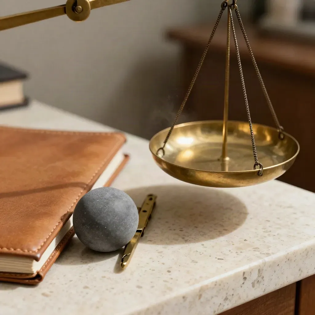 Brass balance scale, leather folio, stone sphere and brass dividers on pale travertine.