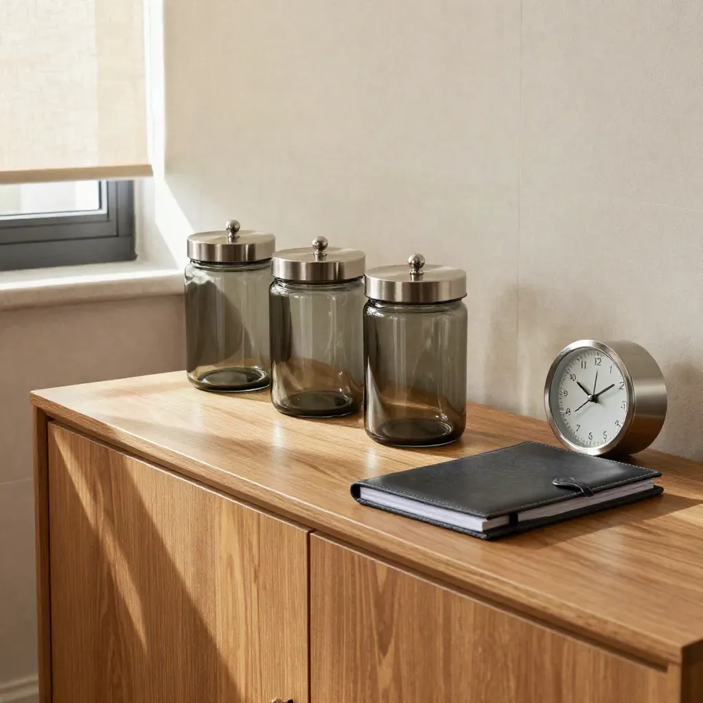 Credenza with four glass deposit jars, closed ledger, and clock in a bright clinic office.