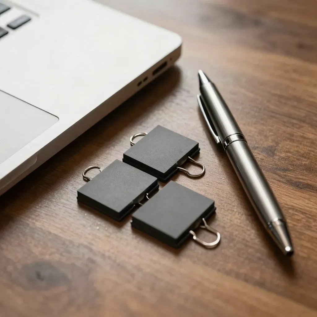 Closed silver laptop, steel pen and graphite clips on walnut wood in a macro finance still life.