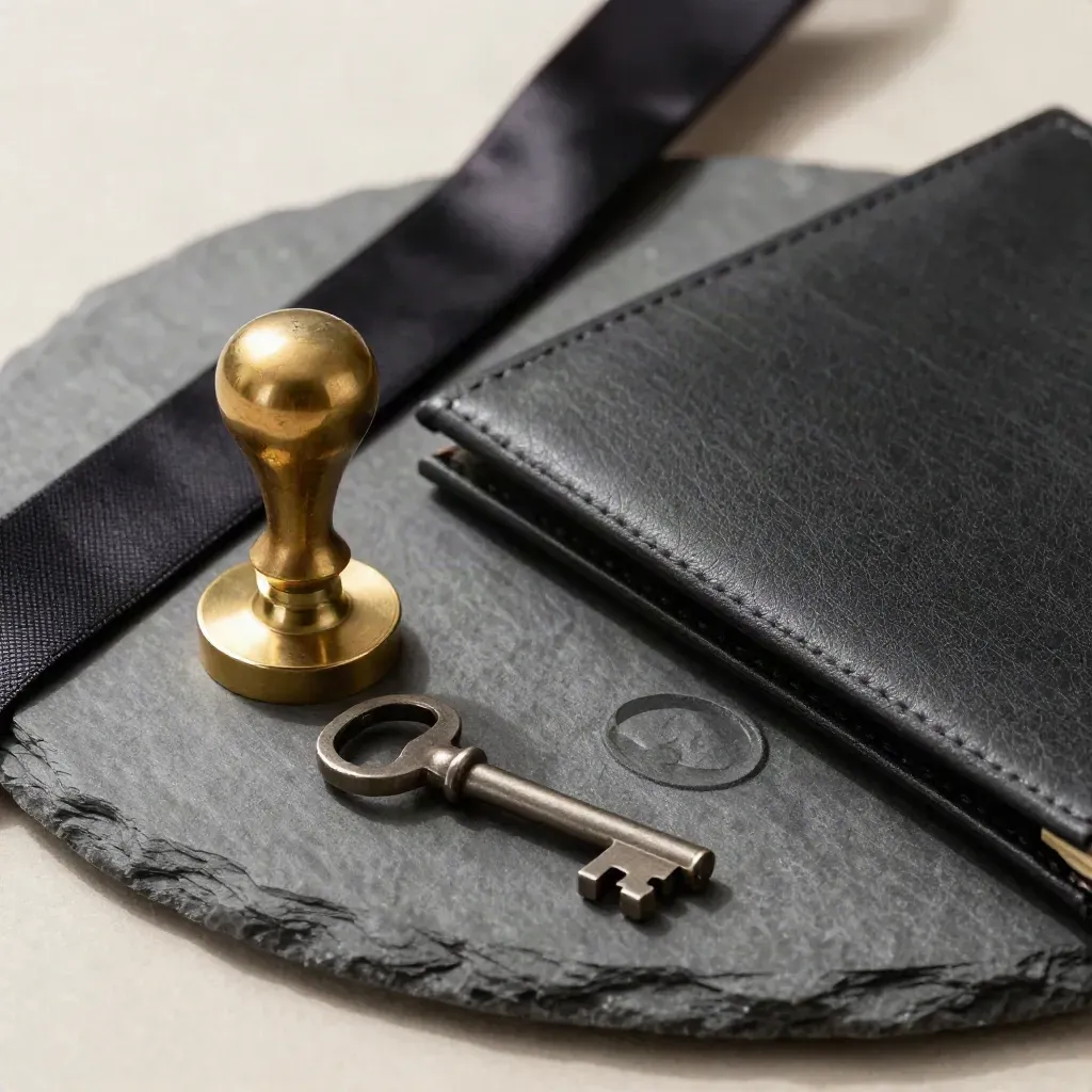 Brass wax seal stamp, ribbon, heritage key and black folio on slate surface.