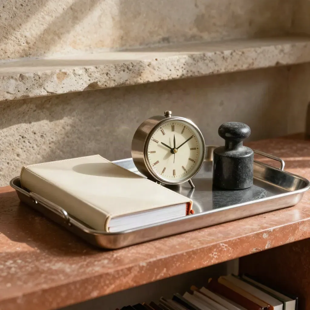 Brushed tray of portfolio clips, round desk clock, slate weight and cream binder on terracotta stone.