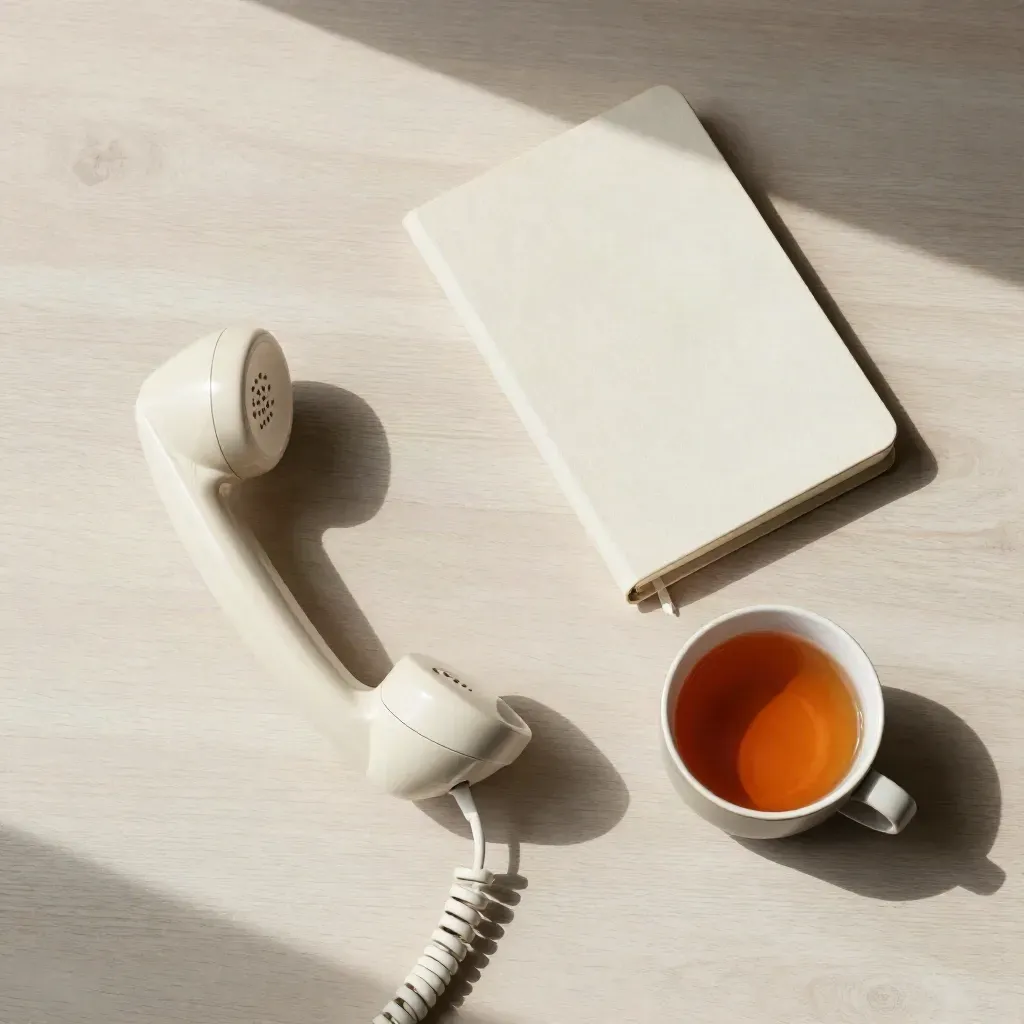 Top-down still life of a phone handset, closed notebook, and ceramic cup on pale wood