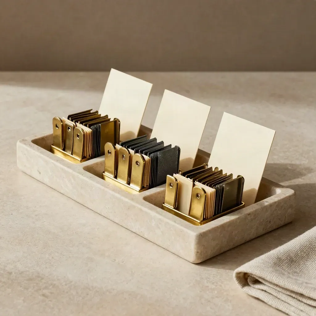 Stone tray compartments with brass clips and folded tabs on a limestone surface.