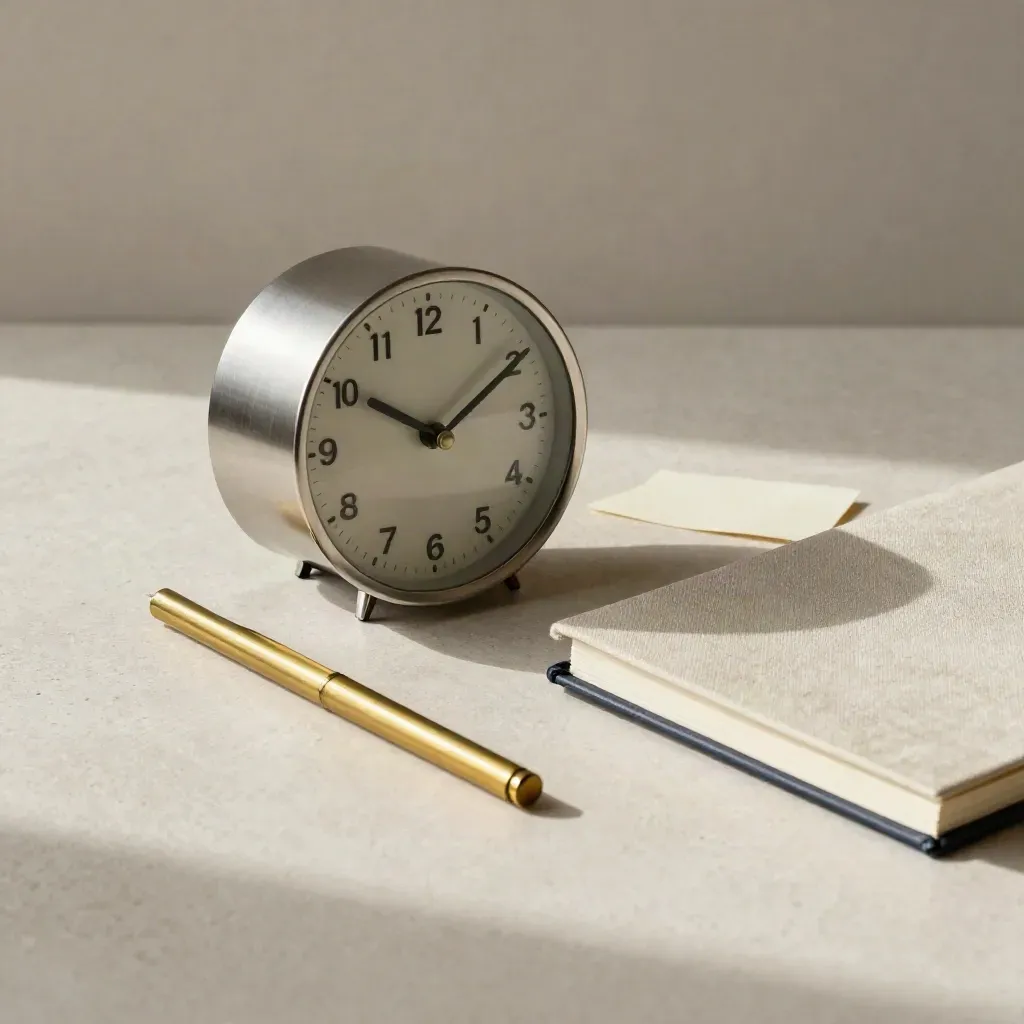 Round clock, brass markers and closed notebook on stone in soft daylight.