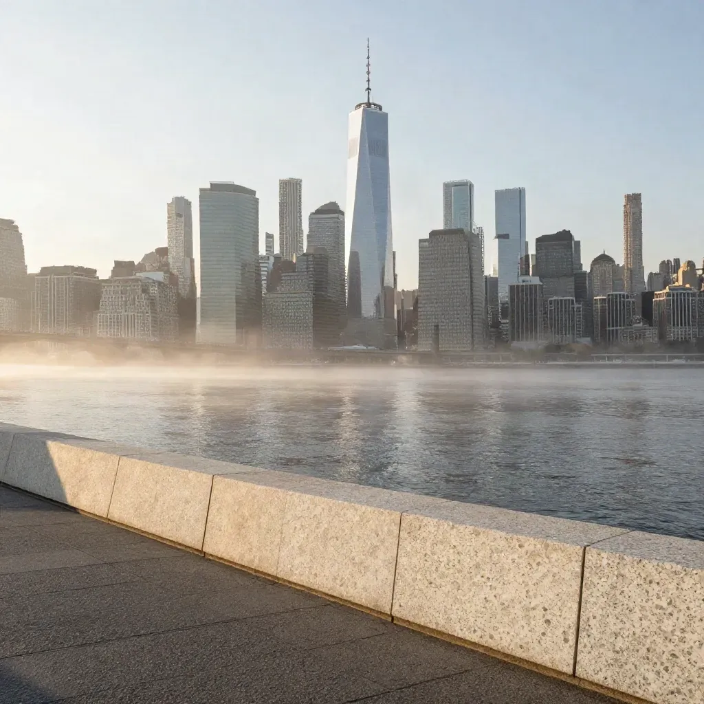 Brooklyn waterfront view of Lower Manhattan towers rising through dawn haze