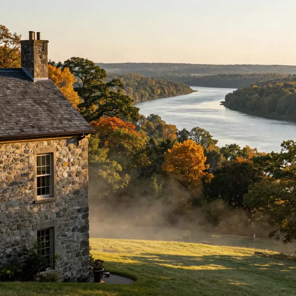 Westchester County valley at golden hour with manor roofline, mist, and river bend