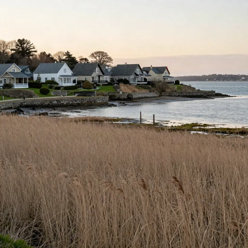 Blue-hour coastal ridge with shingle-roof estates above calm marsh grass and a harbor