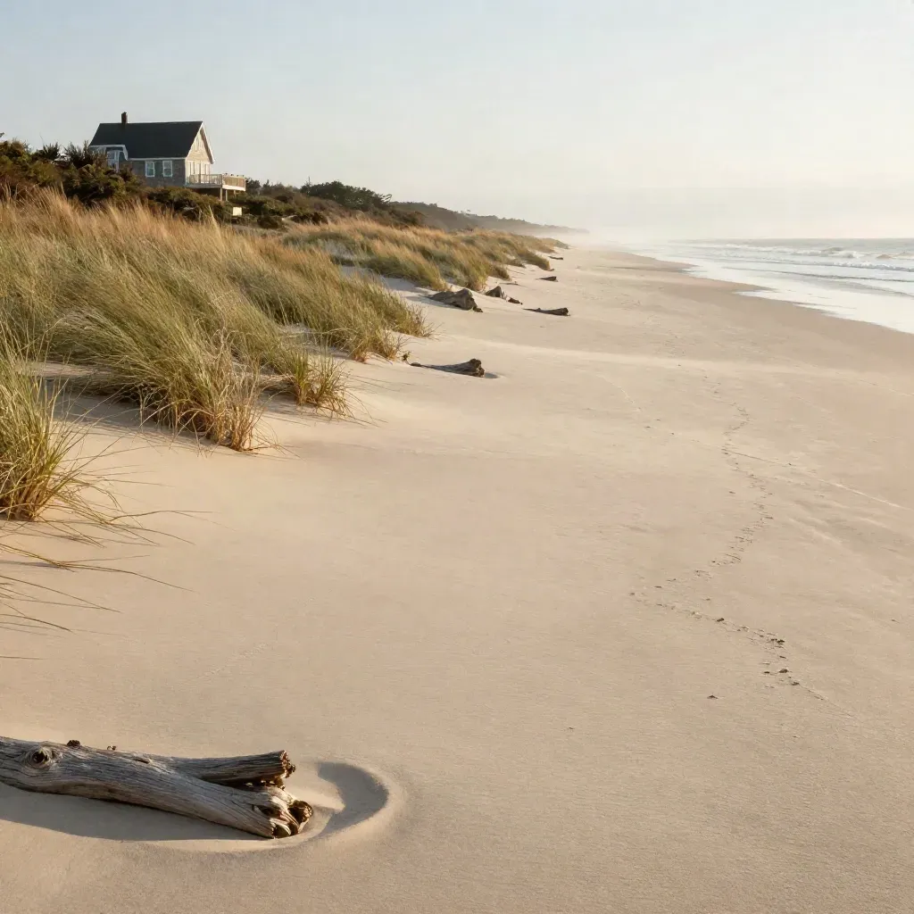 Dune-backed Long Island shoreline with a distant cedar house and pale surf at dusk.